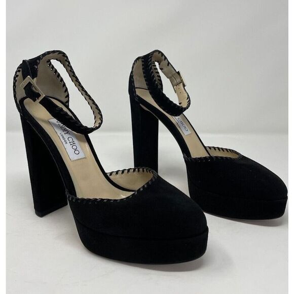 JIMMY CHOO Daphne Platform Heels Women 40 Ankle Strap Black Suede Leather - Picture 1 of 14
